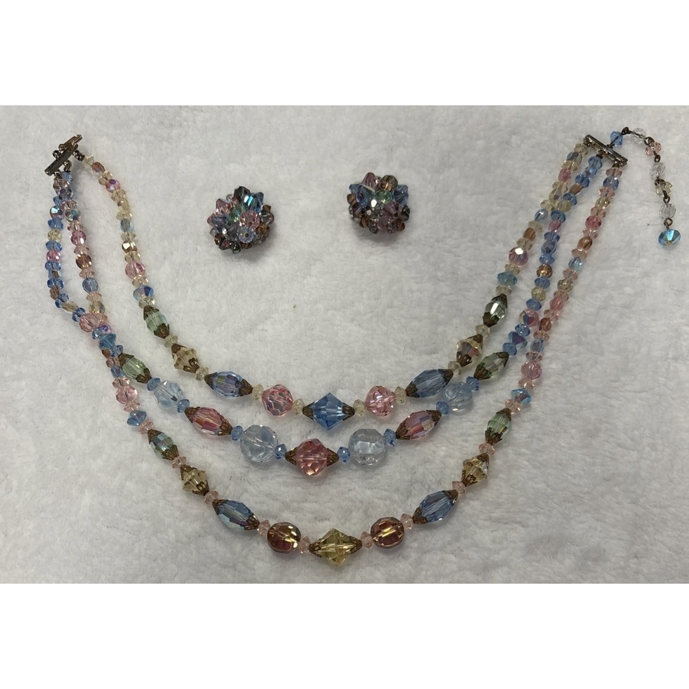 Vintage Triple Strand Aurora Borealis Crystal Glass Bead Necklace & Ear Rings‎